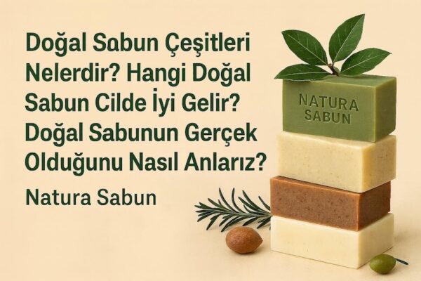 Natura Sabun markasına ait doğal sabun çeşitlerini gösteren zarif blog görseli. Üst üste dizilmiş defne, zeytinyağı, bıttım ve biberiye sabunları; yanında yeşil yapraklar, zeytin ve biberiye dallarıyla doğal ve sade bir kompozisyon oluşturuyor. Görselde 'Doğal Sabun Çeşitleri Nelerdir? Hangi Doğal Sabun Cilde İyi Gelir?' başlığı yer almakta.”